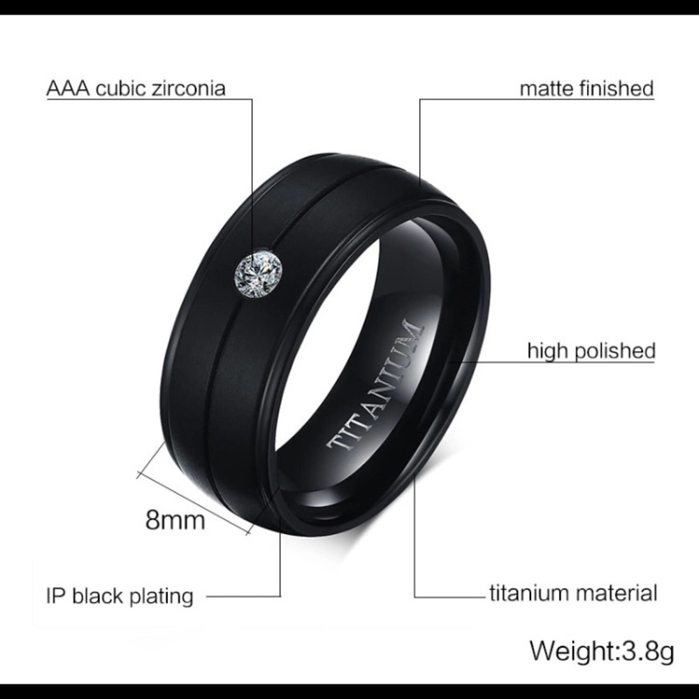 8mm Matt Black Titanium Ring with CZ Size 9-11 - Picture 2 of 8
